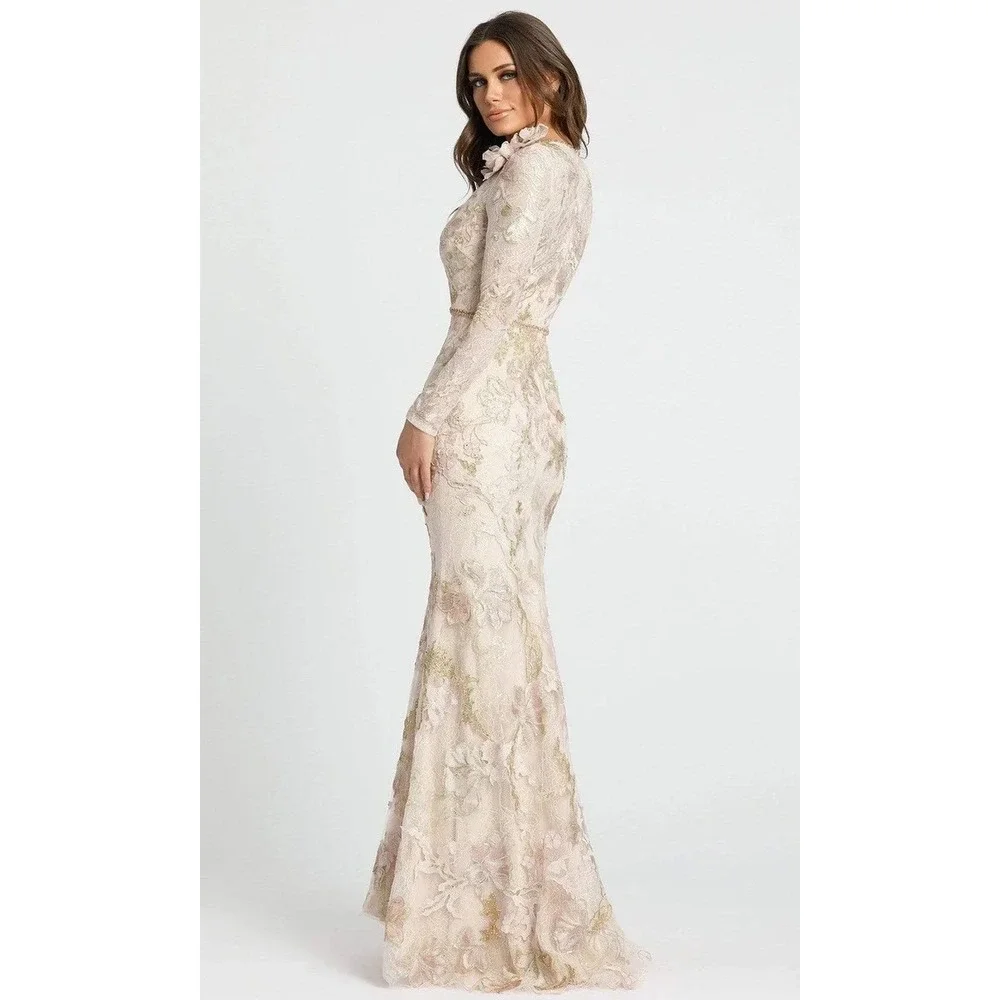 Mac Duggal 11174 Floral Sequin Lace Gown Blush Gold‎ Long Sleeve Gown Sz 14 $798